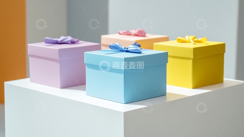 高清大图下载【趣麦麦图】色彩斑斓的礼盒陈列在白色展台上
