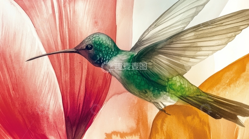 高清大图下载【趣麦麦图】-翠绿蜂鸟停驻于鲜艳花瓣旁