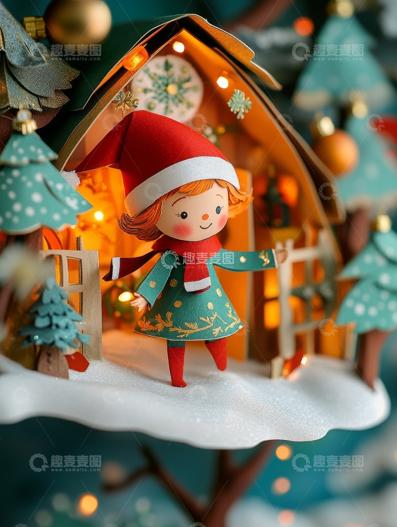 高清大图下载【趣麦麦图】圣诞小屋中的可爱女孩