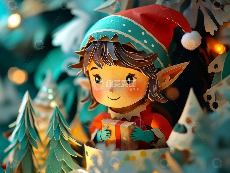 高清大图下载【趣麦麦图】圣诞精灵手捧礼物微笑