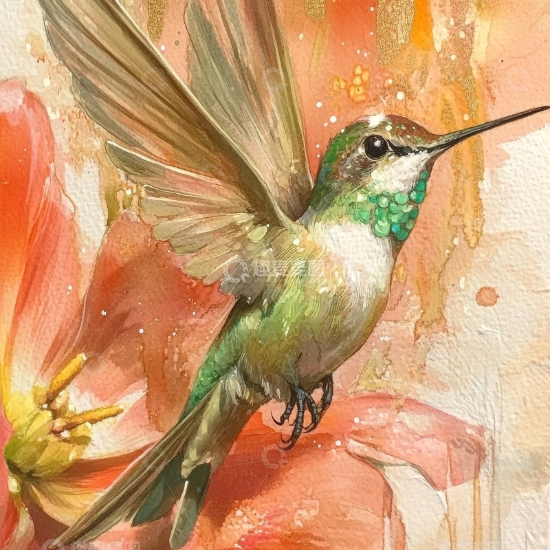 高清大图下载【趣麦麦图】飞翔的蜂鸟与鲜艳花朵