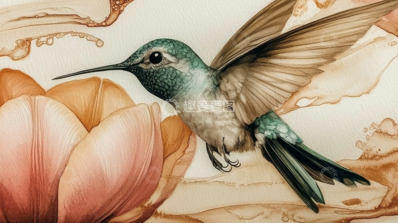 高清大图下载【趣麦麦图】蜂鸟栖息于花上的艺术插画