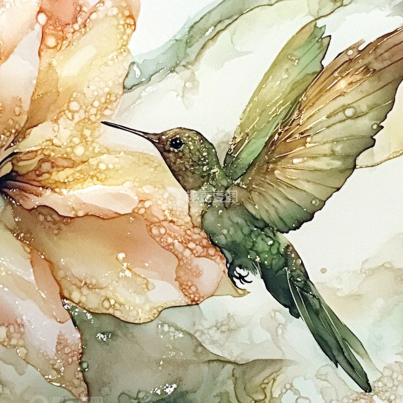 高清大图下载【趣麦麦图】飞翔的蜂鸟与抽象花朵