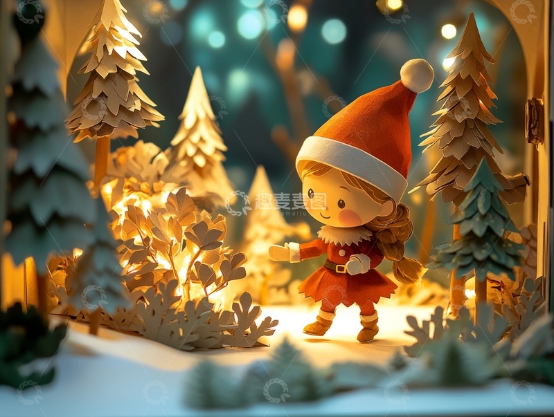 高清大图下载【趣麦麦图】圣诞精灵在雪夜森林中点亮灯火