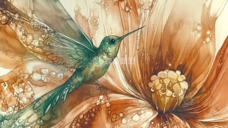 高清大图下载【趣麦麦图】蜂鸟与抽象花朵的艺术描绘