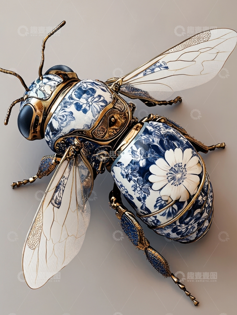 高清大图下载【趣麦麦图】青花瓷与金属结合的蜜蜂艺术雕塑
