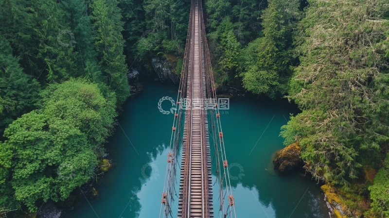 高清大图下载【趣麦麦图】森林中的悬索桥横跨碧绿河流