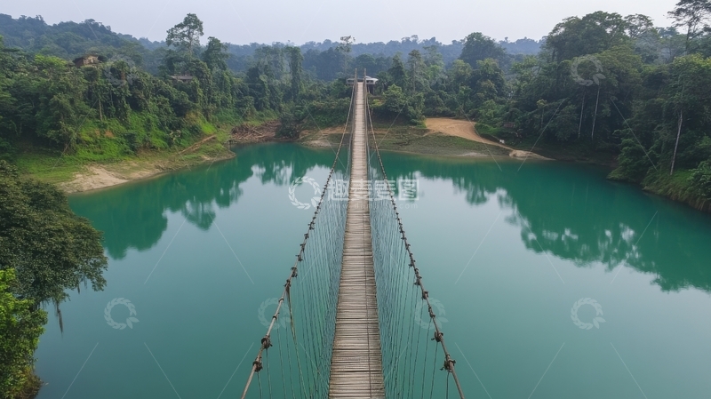 高清大图下载【趣麦麦图】悬索桥横跨碧绿湖面