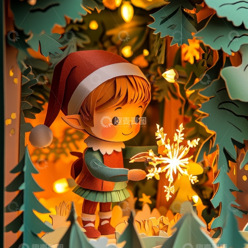高清大图下载【趣麦麦图】圣诞精灵手捧雪花，置身于温暖的森林中