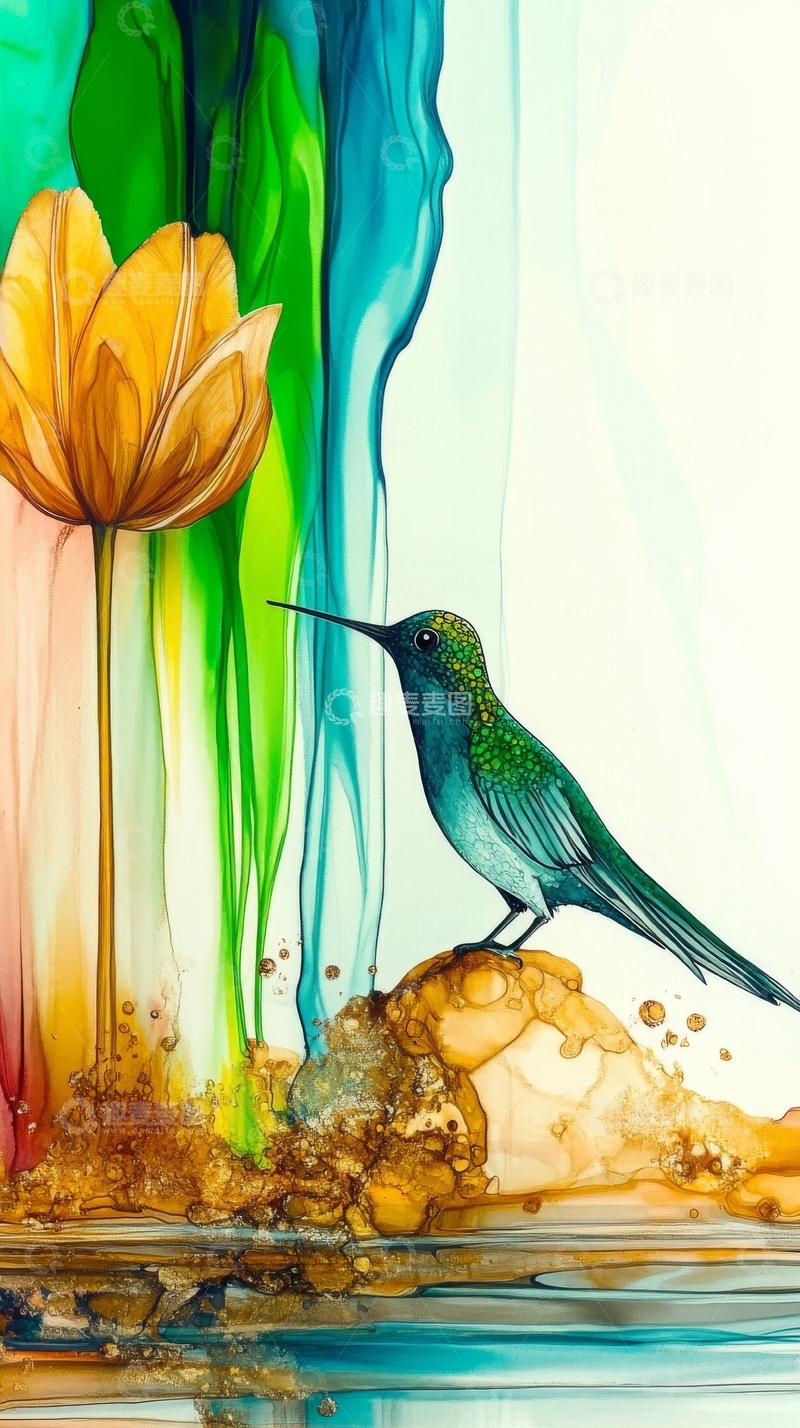 高清大图下载【趣麦麦图】色彩斑斓的蜂鸟与郁金香