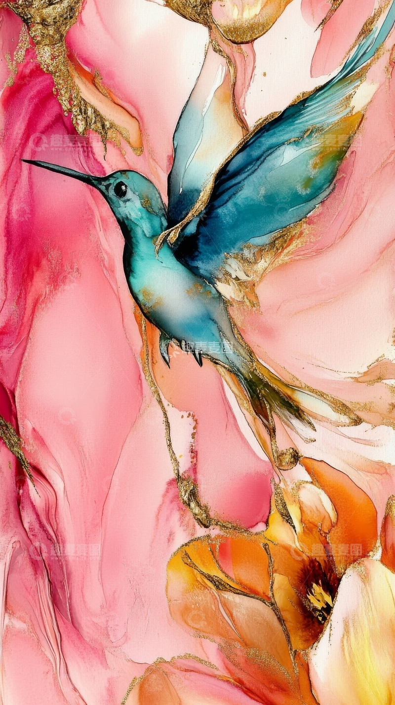 高清大图下载【趣麦麦图】蓝绿蜂鸟在粉色背景中飞翔