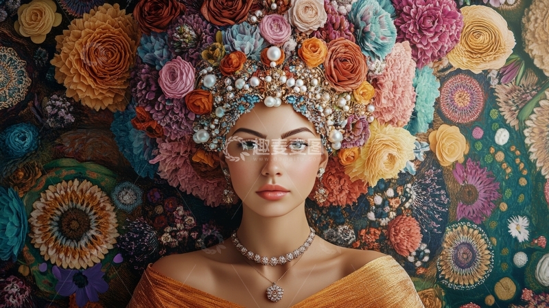高清大图下载【趣麦麦图】花冠女子，色彩斑斓背景