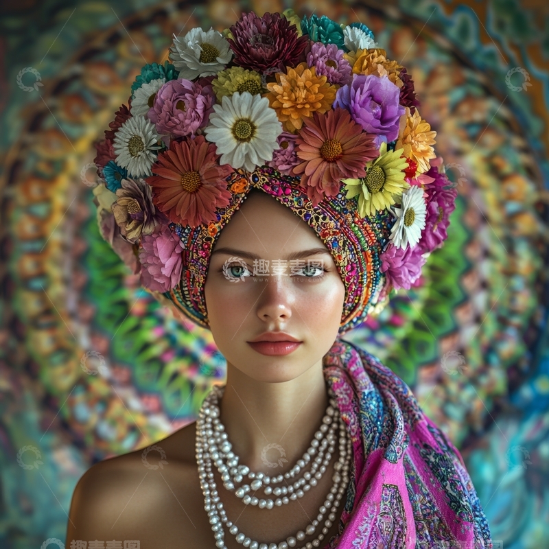 高清大图下载【趣麦麦图】花冠女子，色彩斑斓的背景