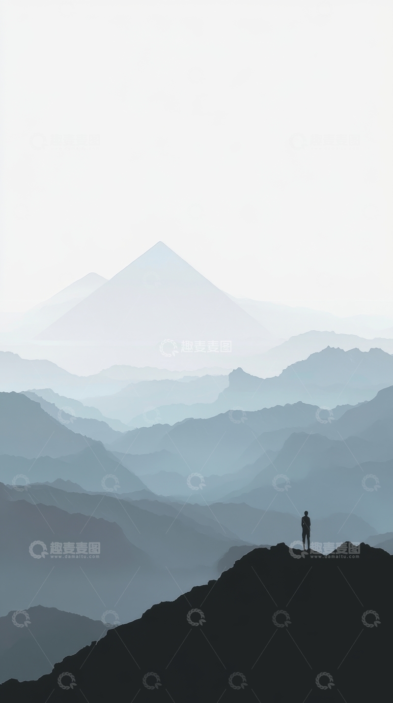 高清大图下载【趣麦麦图】山巅孤影，远眺层峦叠嶂