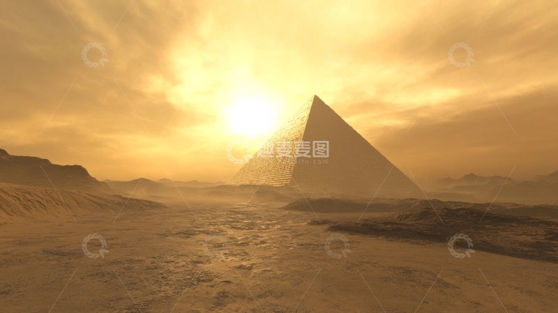 沙漠中的金字塔与金色日落