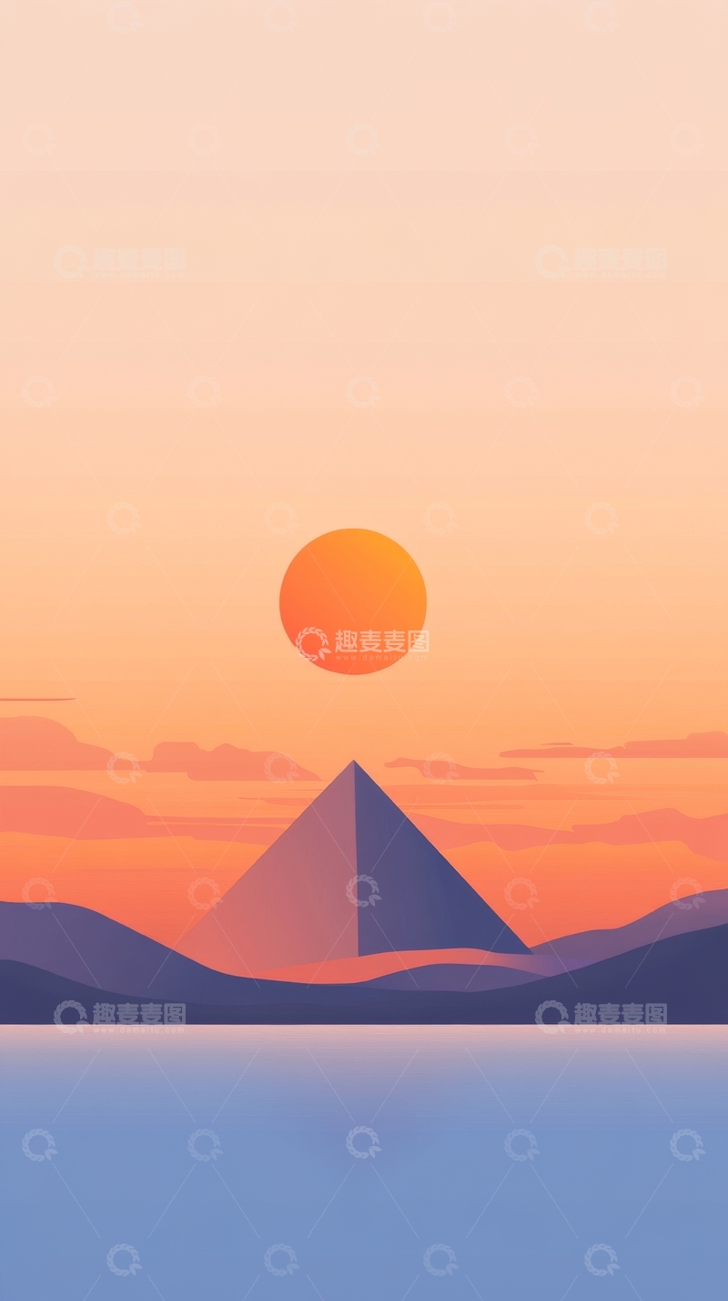 金字塔与夕阳的宁静景象