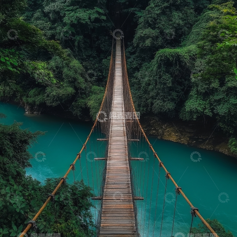 高清大图下载【趣麦麦图】悬索桥横跨碧绿河流