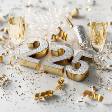 2025年庆祝场景，香槟与金色装饰