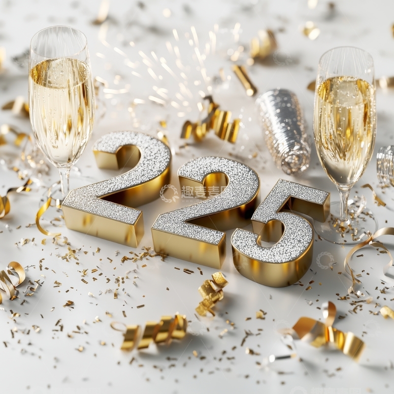 2025年庆祝场景，香槟与金色装饰