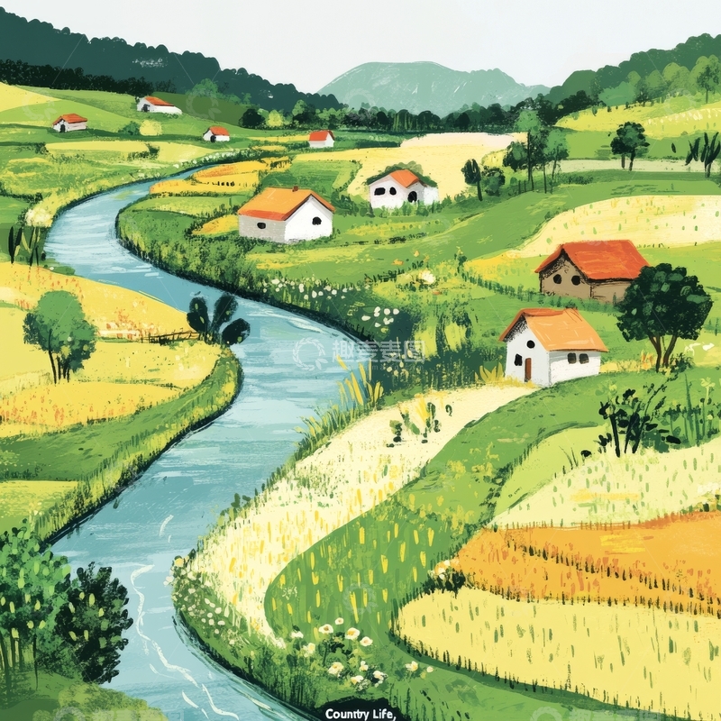 高清大图下载【趣麦麦图】乡村河流旁的宁静农舍