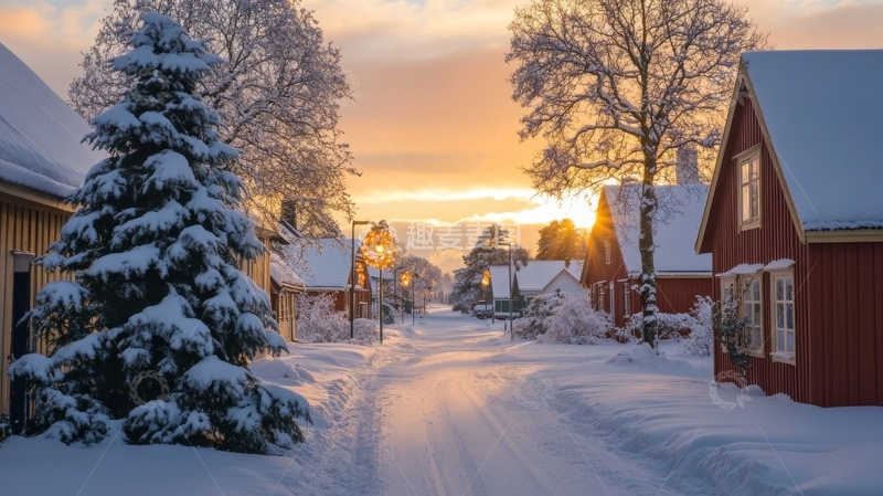高清大图下载【趣麦麦图】雪后小镇的冬日黄昏