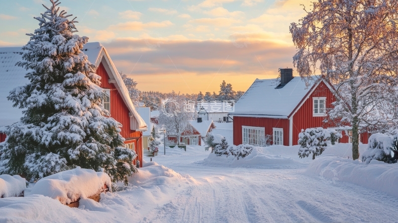 高清大图下载【趣麦麦图】雪景中的红色小屋