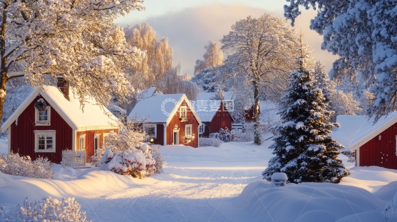 高清大图下载【趣麦麦图】雪景中的红色小屋