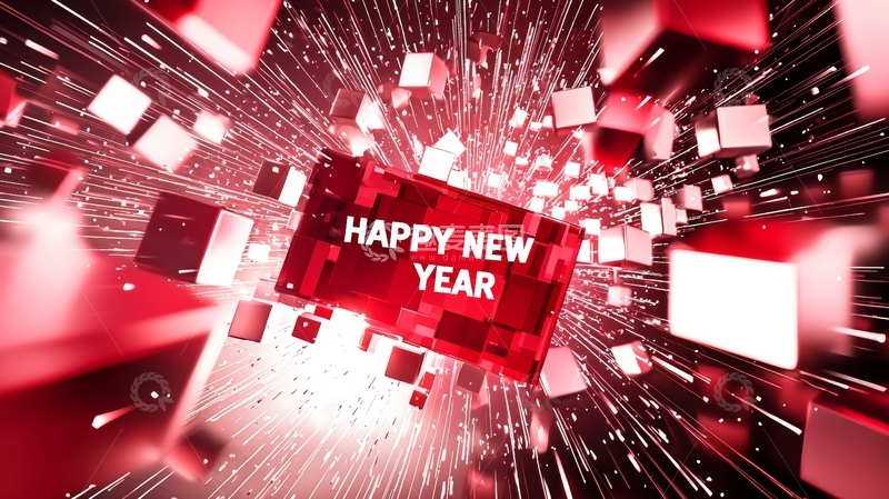 高清大图下载【趣麦麦图】红色立体方块中的新年祝福