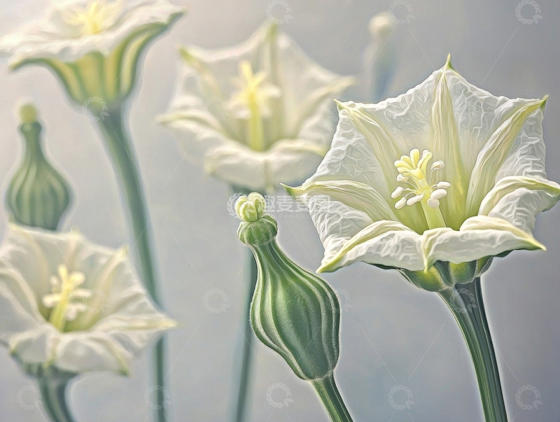 高清大图下载【趣麦麦图】白色喇叭花的绽放与含苞待放
