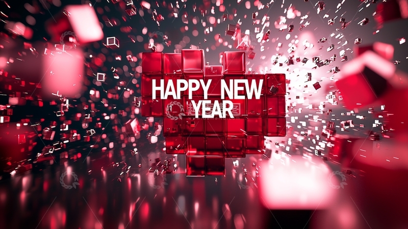 高清大图下载【趣麦麦图】红色方块构成的&lsquo;新年快乐&rsquo;庆祝背景