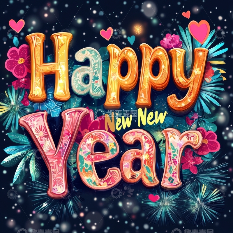高清大图下载【趣麦麦图】新年快乐花卉装饰艺术插画
