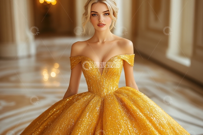 高清大图下载【趣麦麦图】金色礼服的优雅女性