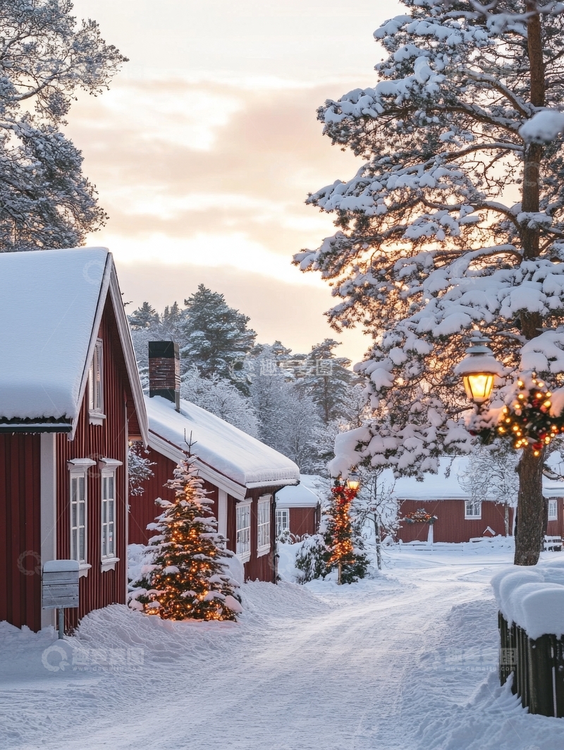 高清大图下载【趣麦麦图】雪景中的红色小屋与圣诞装饰