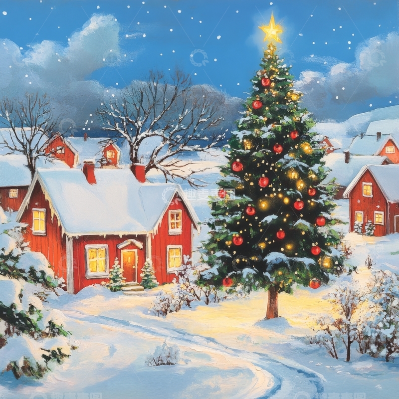 高清大图下载【趣麦麦图】雪夜中的圣诞树与红屋