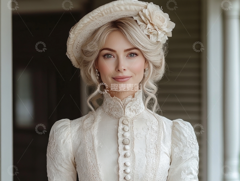 高清大图下载【趣麦麦图】身穿复古白色礼服的女性