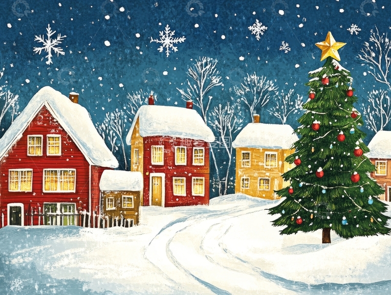 高清大图下载【趣麦麦图】雪夜小镇与装饰圣诞树