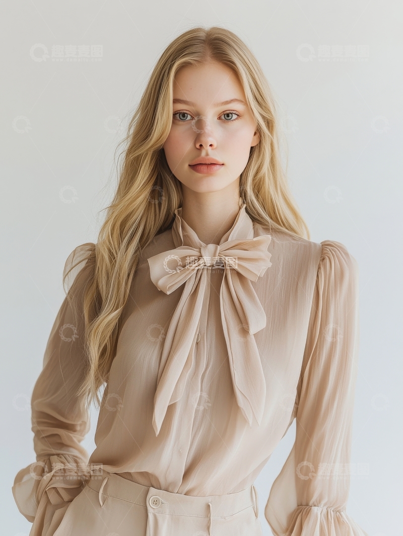 高清大图下载【趣麦麦图】金色长发女性身穿浅色系带衬衫