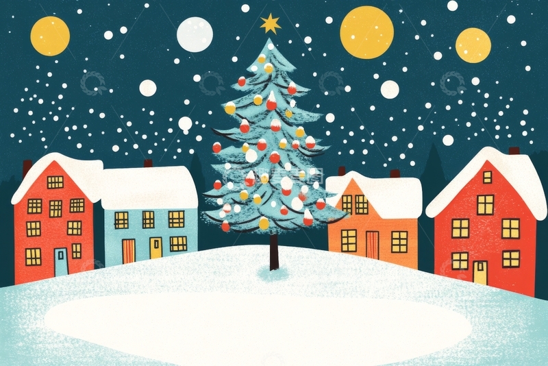 高清大图下载【趣麦麦图】雪夜中的圣诞树与小屋
