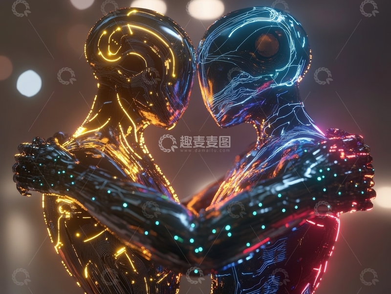高清大图下载【趣麦麦图】霓虹光影中的机器人相拥