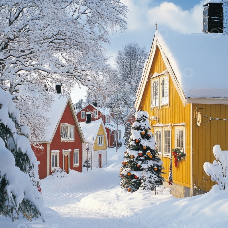 高清大图下载【趣麦麦图】雪景中的彩色房屋与圣诞树