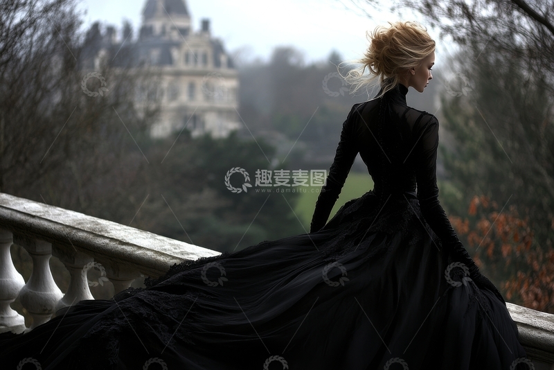 高清大图下载【趣麦麦图】黑裙女子远眺古堡