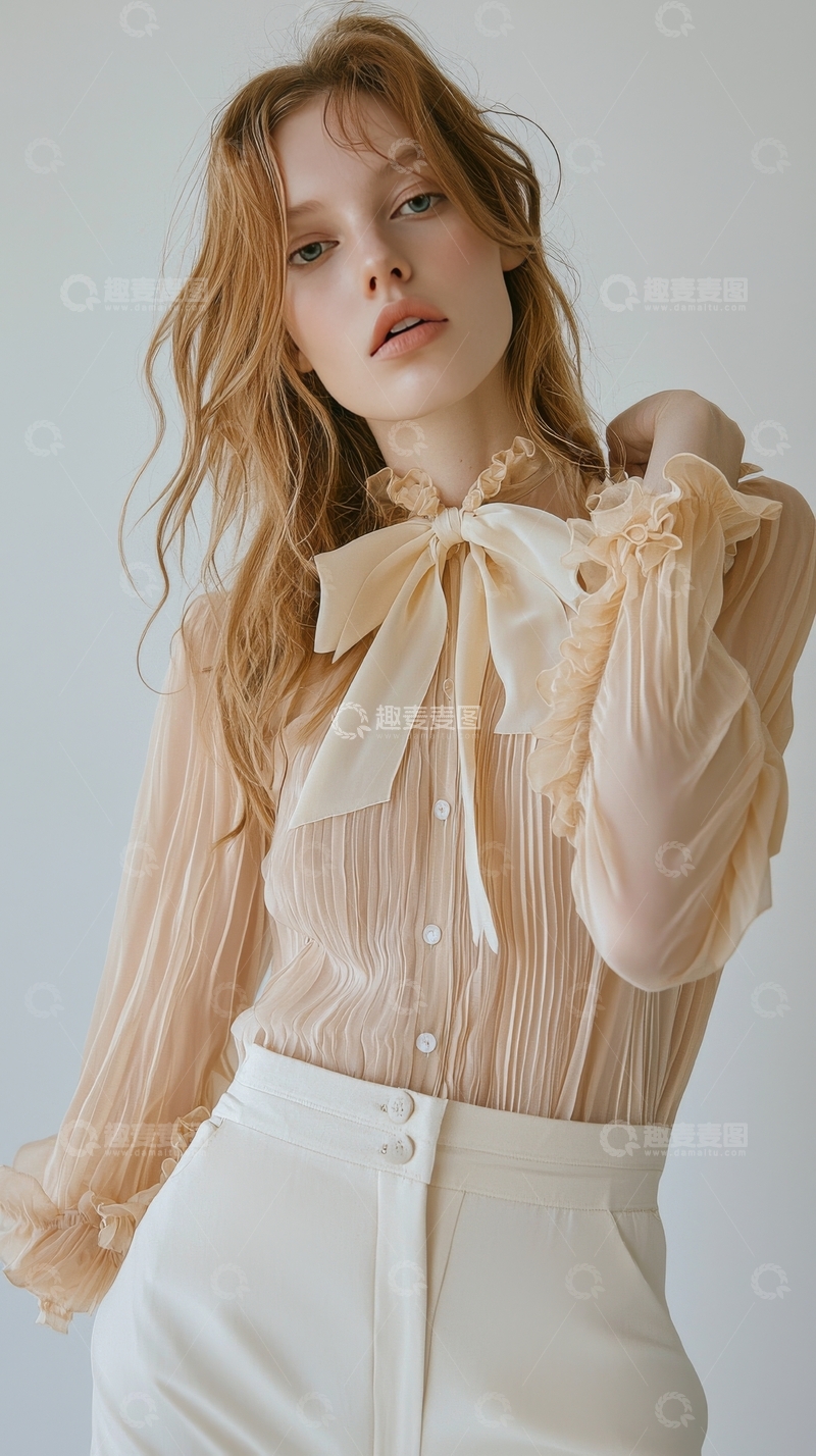 高清大图下载【趣麦麦图】柔美长发女性身着淡雅蝴蝶结衬衫