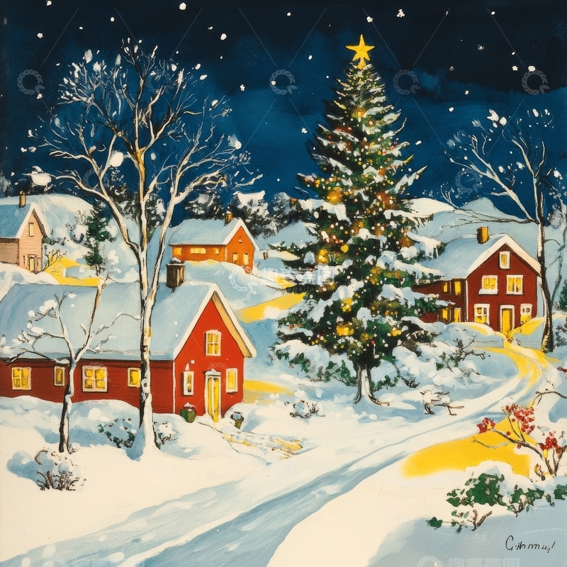 高清大图下载【趣麦麦图】雪夜中的圣诞树与小屋