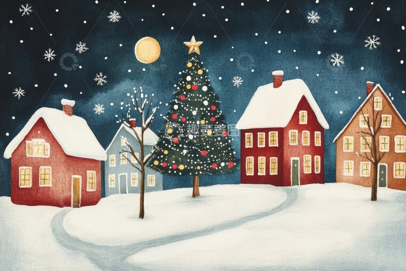 高清大图下载【趣麦麦图】雪夜小镇与圣诞树