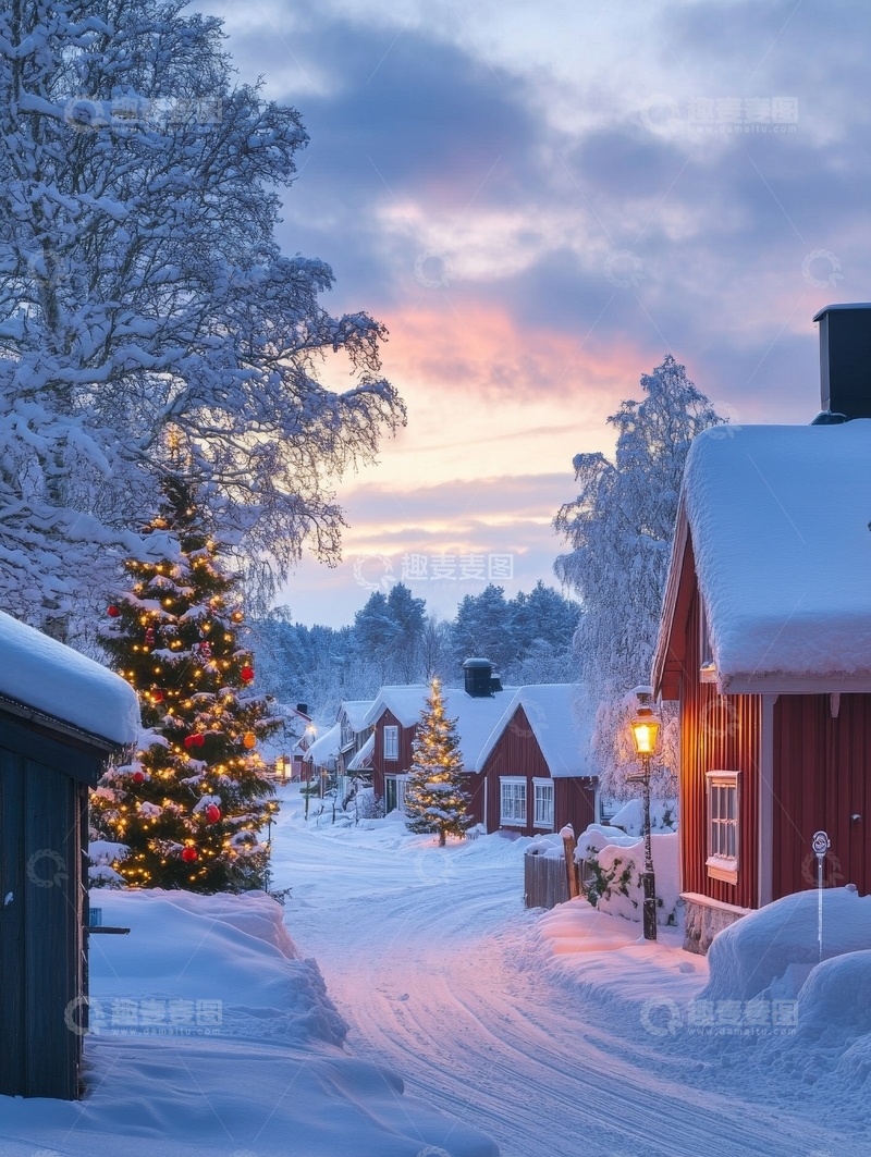 高清大图下载【趣麦麦图】雪夜小镇，圣诞树与红屋