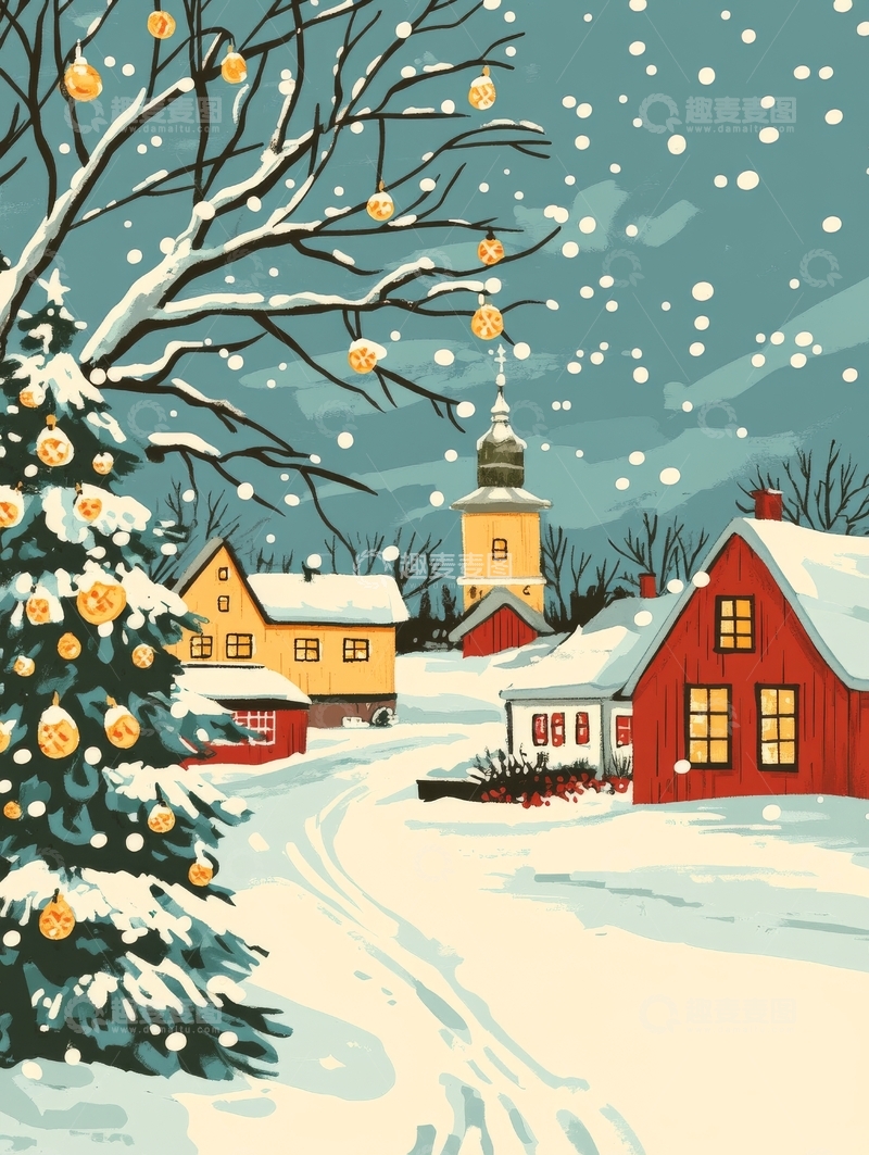 高清大图下载【趣麦麦图】雪夜小镇，温馨节日氛围