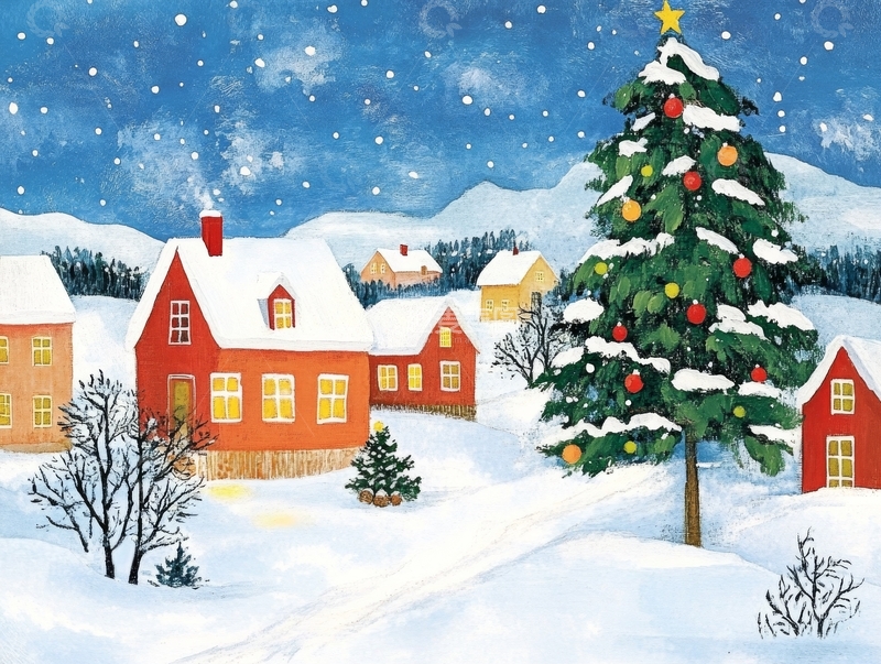 高清大图下载【趣麦麦图】雪夜小镇与圣诞树