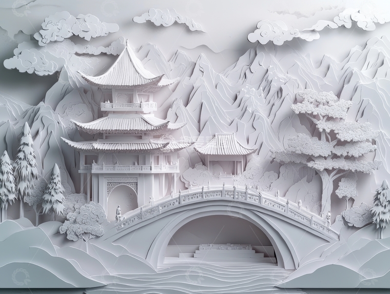 高清大图下载【趣麦麦图】纸艺山水楼阁与拱桥