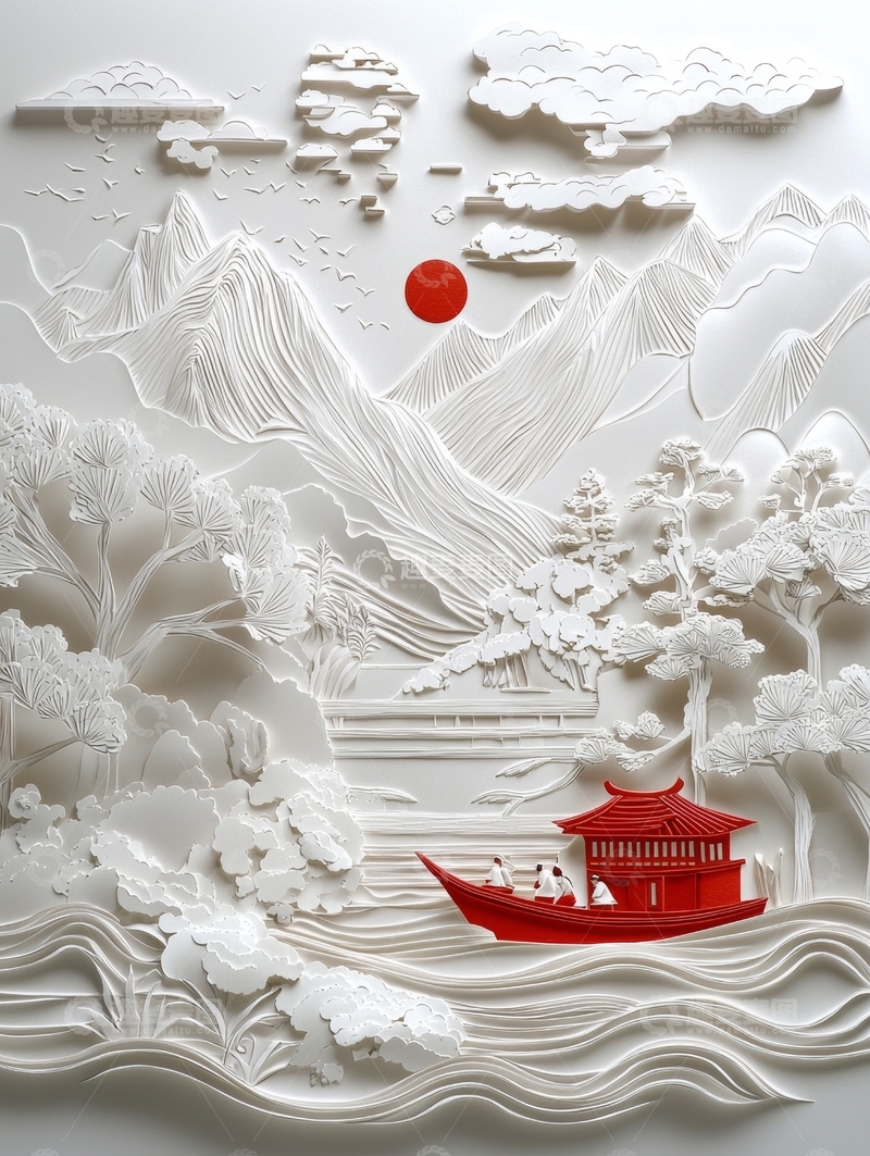 高清大图下载【趣麦麦图】红船游于山水间的立体艺术