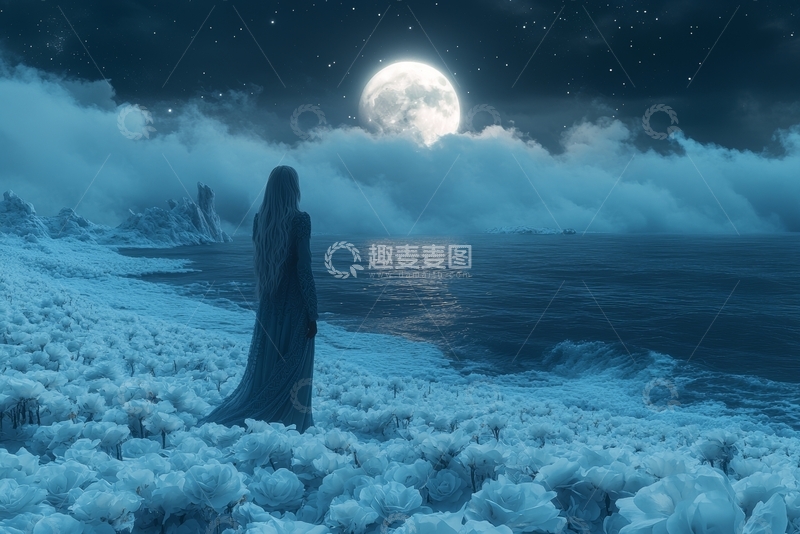高清大图下载【趣麦麦图】月光下的海边孤影